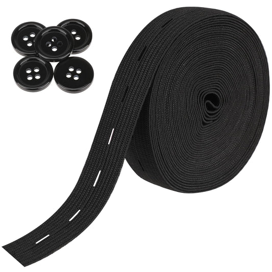 Flat Sewing Band with Buttonholes,3/4 Inch Elastic Band String Strap Cord High Elasticity Knit Fabric Bands Spool Pant Waist Tightener for Clothing,Wig,Belt,DIY Craft Sewing Supplies (Black,5.5 Yards)