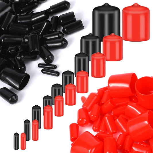 200 Pieces Rubber End Caps Flexible Black Red Plastic Screw Caps Thread Bolt Protector Cap Covers for Metal Tube Rod Bolt Covers Rubber Bungs for Holes 9 Sizes