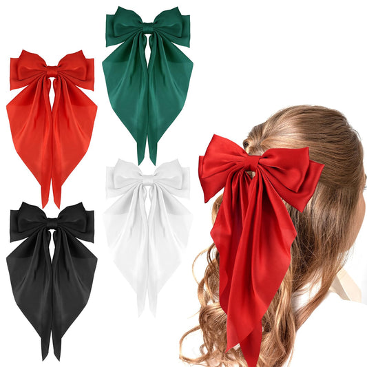 4 Pieces Silky Satin Hair Bows Ribbon Hair Barrettes Clip Big Bow Hair Clips for Women Girls French Barrette Long Tail Hair Accessories Red, Dark Green, Black, White