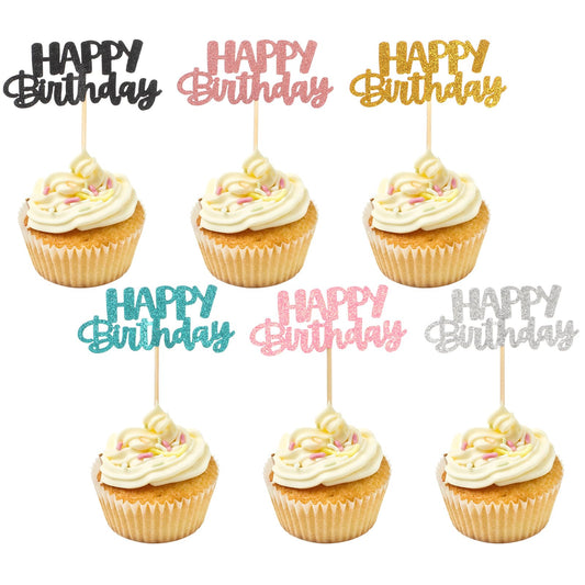 Pack of 24 Happy Birthday Cake Decorations, 6 Colours, Reusable Cake Toppers, Birthday Cake Decoration, Cupcake Topper, Muffin Decoration, Happy Birthday Cake Decoration for Girls, Children, Mother