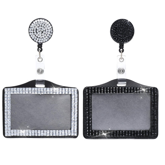 4 Pcs Bling ID Badge Holder, Retractable Crystal Neck Lanyard Rhinestone Name Badge Portable Rhinestone Work Badge Reel Clip for Office Business Home Nurses Black White