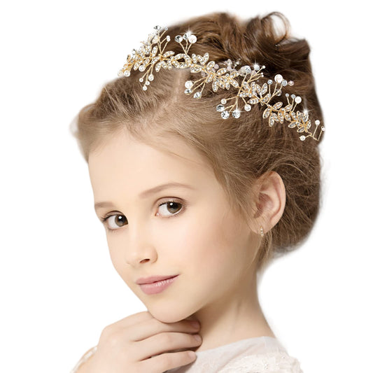 Flower Girl Headpiece,Flower Girl Hair Accessories for Wedding Gold Rhinestone Headpiece Crystal Headband Pearl Hair Jewelry Wedding Hairband Princess Headpiece for Girls Kids Bridal Bridesmaid