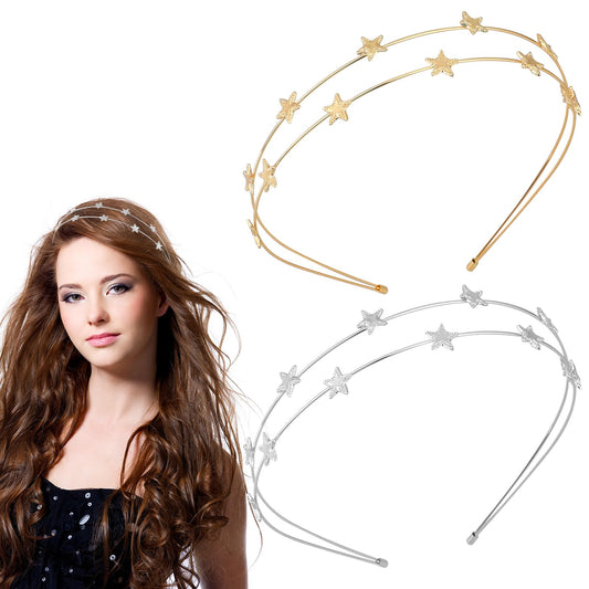 2 Pieces Alloy Five-Pointed Star Headbands, Rhinestone Headpiece Silver & Gold Star Crown Metal Bridal Hair Hoop Wedding Hair Band Decorative Accessories for Women Girls Bride(style1)