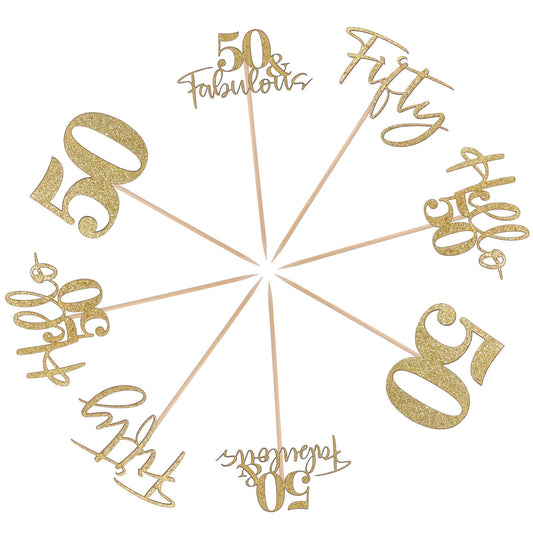 24PCS 50th Anniversary Cupcake Toppers 50th Anniversary Cake Topper, Gold Glitter 50 th Golden Wedding Anniversarys Decor for Birthday and Wedding Cake Party Decoration