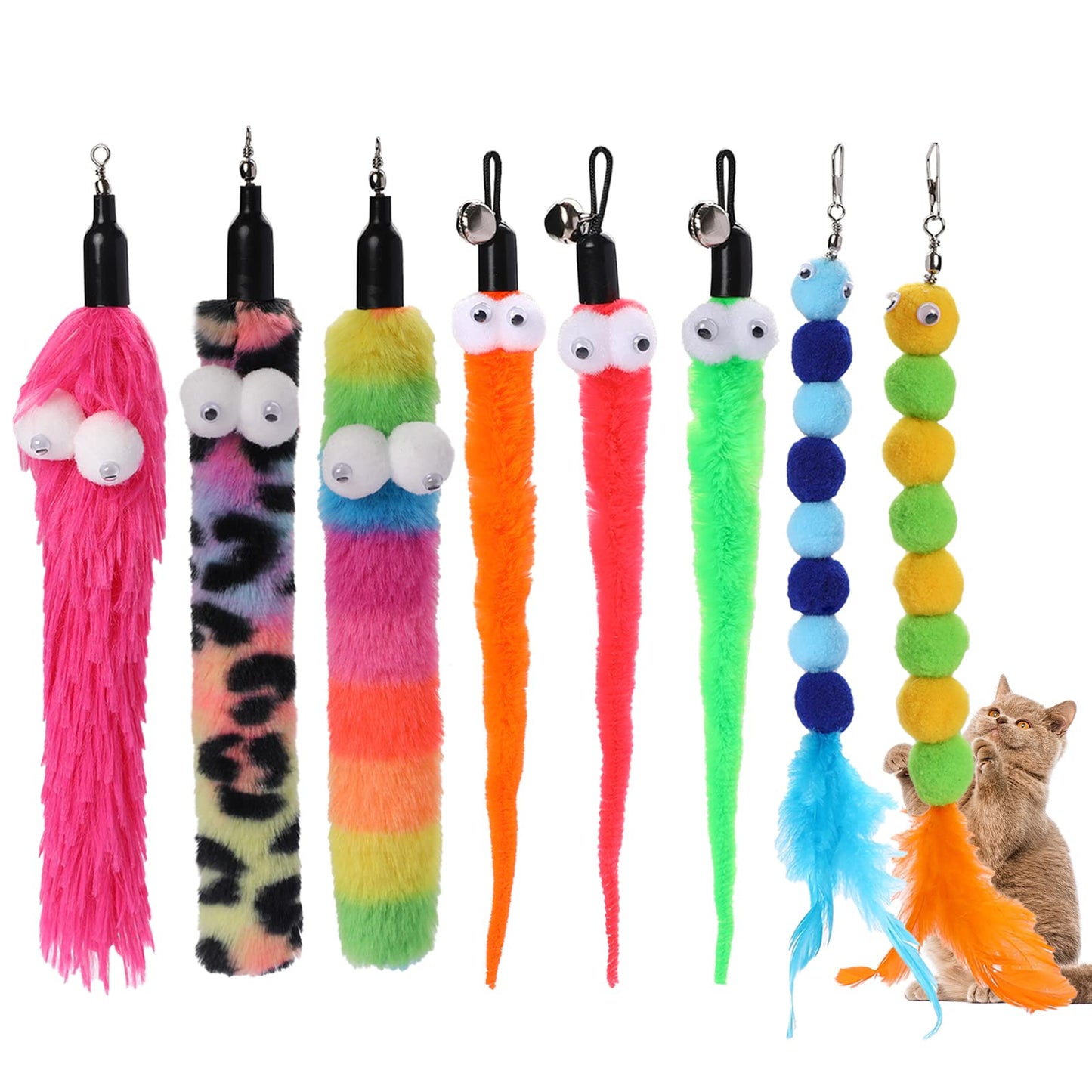 Vin Beauty 8Pcs Cat Wand Toy Refills Cat Wand Toy Replacement Refills Cat Worms Refill Cat Toy Worm Refill Worm Refills Attachment for Cat Kitten