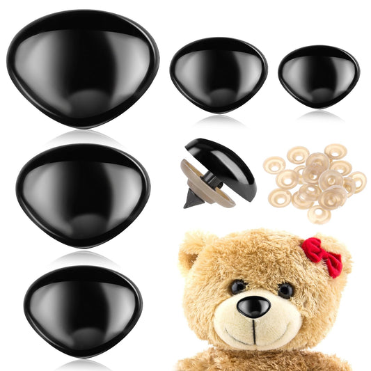 KALIONE 100 Pcs Large Safety Noses for Stuffed Animals, Plastic Safety Noses for Crochet Animals, Doll Noses with Washers for Craft Puppet Plush Bear Accessories (15mm, 18mm, 22mm, 24mm, 30mm, Black)