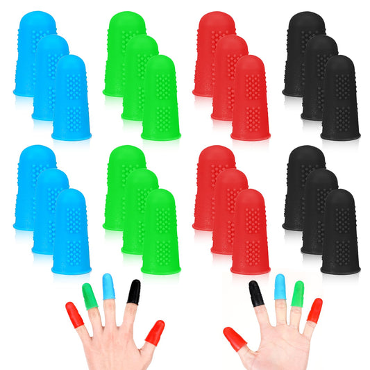 KALIONE 24Pcs Finger Protectors, 3 Sizes Rubber Finger Tips, Silicone Finger Protectors Covers for Hot Glue, Sewing, Ironing, Cutting, and Sorting (Black Blue Green Red)
