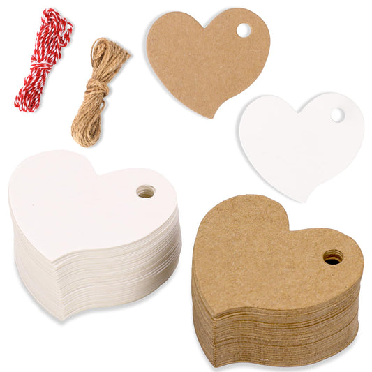 100PCS Heart Blank Gift Tags, Heart Kraft Paper Labels with String, White Heart Paper Gift Tags for Wedding, Party Favors, Birthday Parties, Valentine's Day