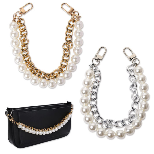 2 Pcs Pearl Handle Replacement Chain Straps Pearl Purse Chain Short Handle Replacement Bag Chain Strap Imitation Pearl Handbag Chain Accessories for DIY Purse Handbag Totes Chain Replacement