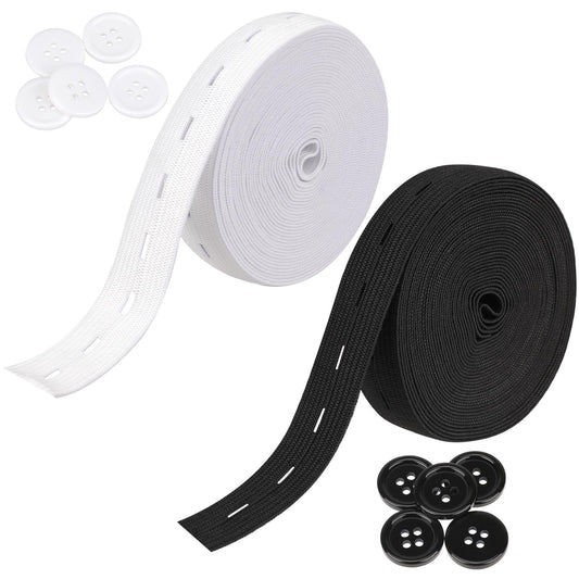 Mozeat Lens 2 Rolls Elastic Band with Button Eyelets 5 m Elastic Band for Sewing Elastic Headband for Trouser Skirt Elastic Band with Buttons Buttonhole Spool for Knitting Waist Bands (Black, White)