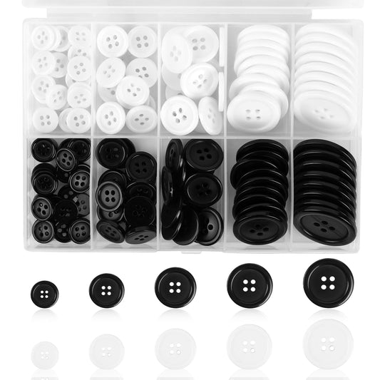 Sliverdew Resin Buttons for Sewing, Pack of 160 - 5 Sizes Black and White, 4 Hole Buttons for Shirts, Trousers, Suits, Coats - Clear Packaging