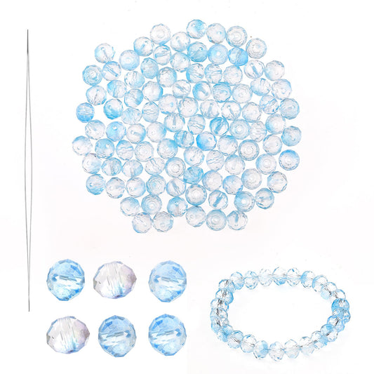 100pcs Blue Crystal Beads for Bracelet Making, 8m Round Faceted Crystal Beads with Hole, Glass Spacer Beads for DIY Earring Necklace Jewelry Craft Making, 1pcs Beading Needle