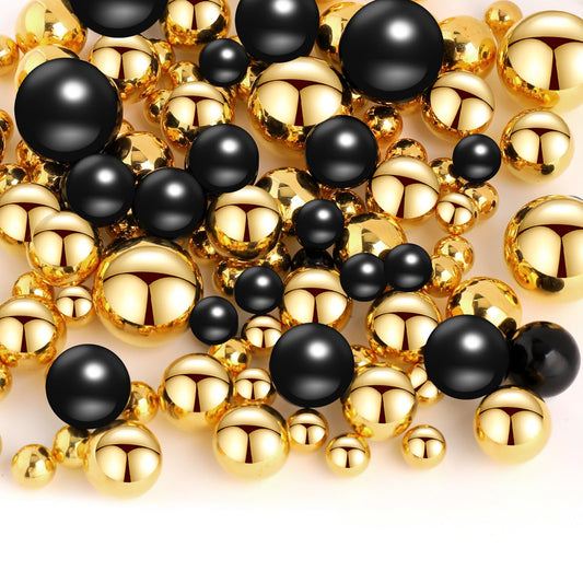 KALIONE 150 Pieces Pearl Beads for Vase Filler Floating Faux Pearls No Hole Makeup Beads for Brushes Holder 3 Sizes Floating Gloss Pearls for Home Party Centerpieces Vases Decoration(Gold+Black)