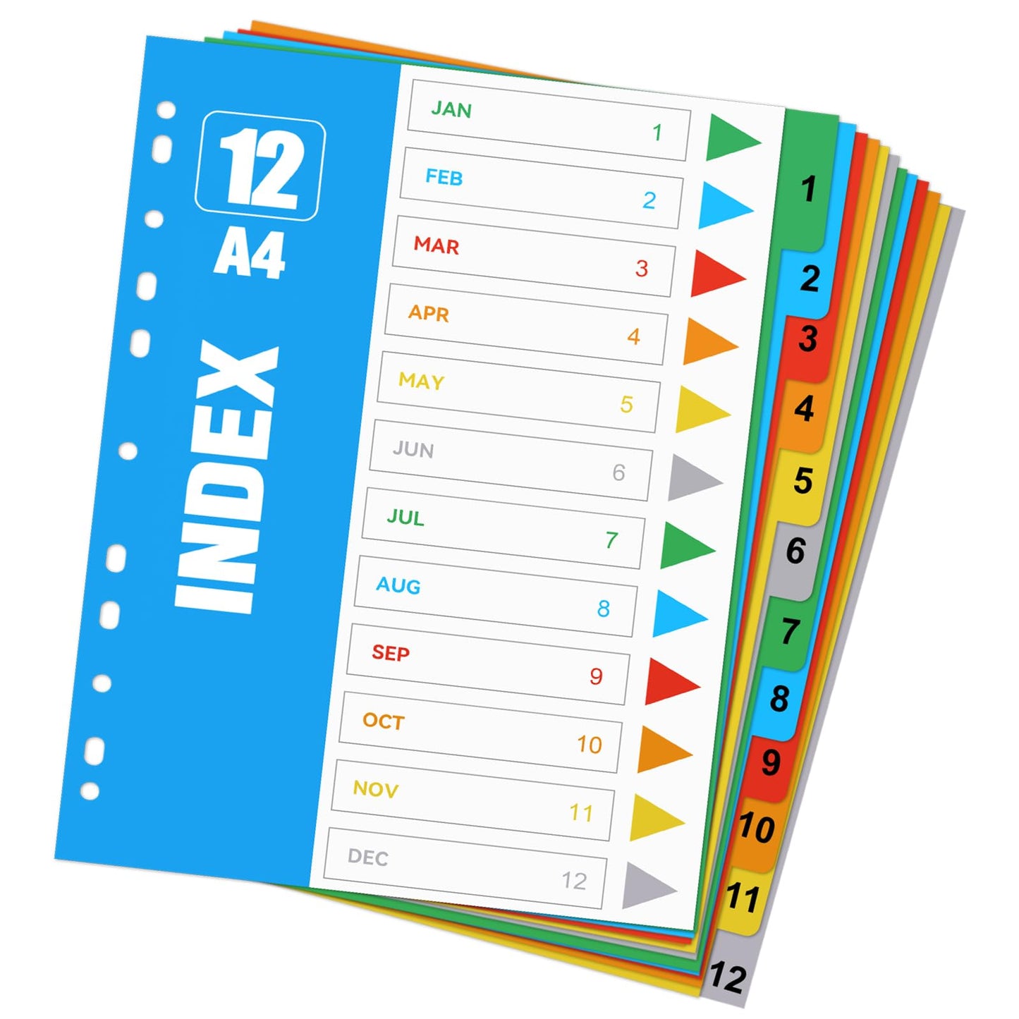 KALIONE 12 Pack Binder Dividers with Numbers 1-12, A4 Blank Tab Dividers with 11 Holes,12 Tab Dividers for 3 Ring Binders, Multi-Color 3 Ring Binder Dividers for 2/3/4/6/11 Ring Binders and Notebook