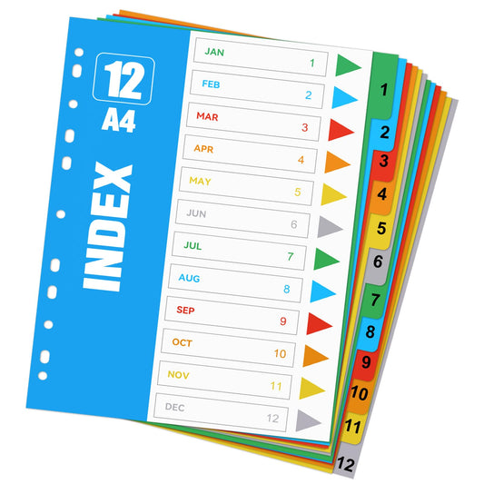 KALIONE 12 Pack Binder Dividers with Numbers 1-12, A4 Blank Tab Dividers with 11 Holes,12 Tab Dividers for 3 Ring Binders, Multi-Color 3 Ring Binder Dividers for 2/3/4/6/11 Ring Binders and Notebook