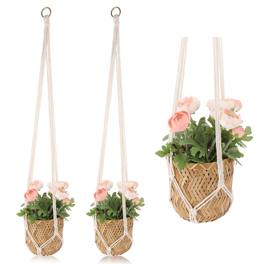 Macrame Plant Hanger, 2 Pack Boho Hanging Planters Baskets for Indoor Plants Decorative Braided Cotton Rope Flower Pot Holder with Metal Hook Rings for Outdoor Home Decor, No Tassels, Ivory, 34 Inchs