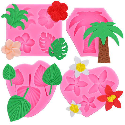 Tropical Leaves Flower Silicone Molds, 4 PCS Monstera Leafage Palm Leaf Plumeria Flower Chocolate Molds Hibiscus Cupcake Toppers Fan Leaf Fondant Molds for DIY Candy Cupcake Topper Birthday Party