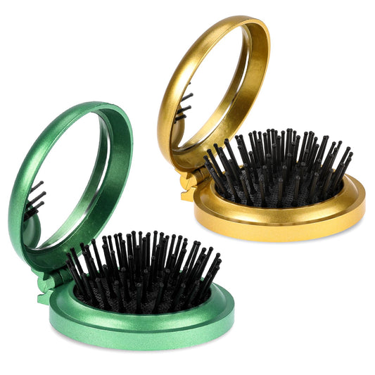 Folding Hair Brush with Mirror,2 Pack Round Mini Hair Brush Travel Size Hair Massage Comb Compact Hair Brush Pocket Hair Brush Portable Hair Styling Tools Travel Brush for Women (Gold & Green)