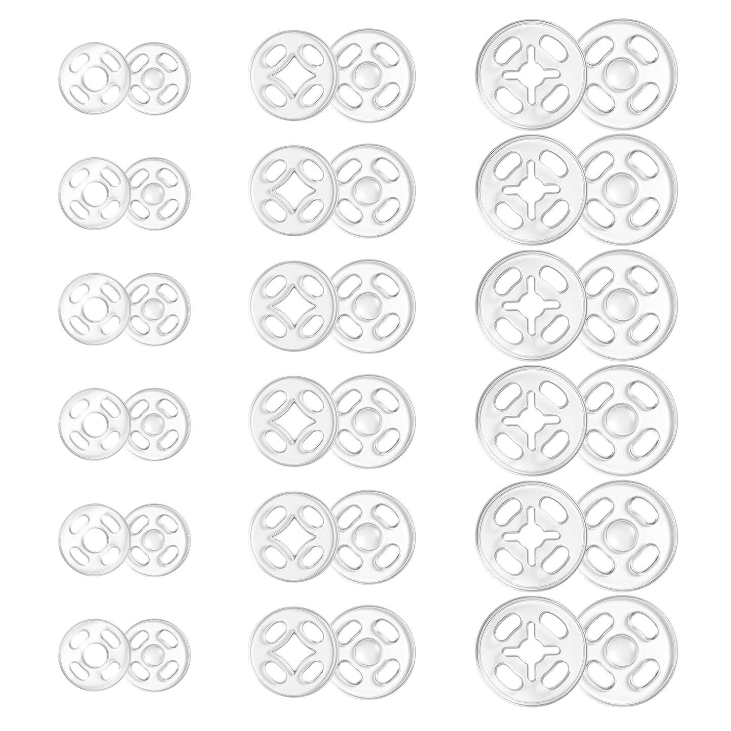 Plastic Snaps for Fabric, 36 Pcs 3 Sizes Round Clear Snaps for Sewing Invisible Sew on Snap Button Fasteners for Sewing DIY Crafts Clothing Shirt Pant (7.5mm, 10mm, 12.5mm)