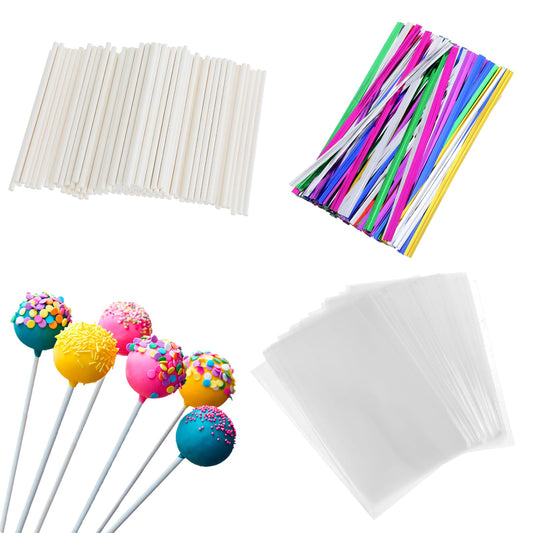 300 PCS Cake Pop Sticks and Wrappers Kit Lollipop Stick Clear Parcel Bags Colorful Twist Ties Cake Pops Making Tools Chocolates and Cookies Bag Set Treat Making Supplies for Cookies Cake Pops