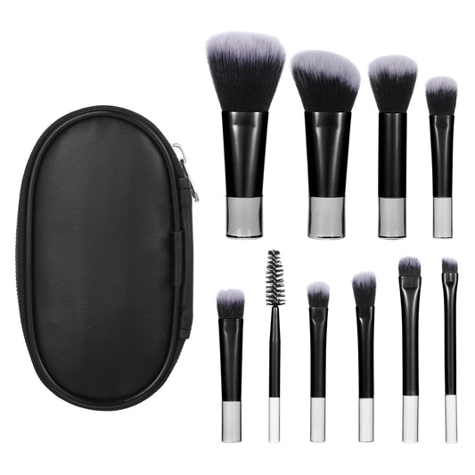 10 Pcs Mini Travel Makeup Brush Set With Pouch Black Portable Travel Size Makeup Brushes Professional Cosmetic Brush Travel Essentials kits for Blush Powder Eye Shadow Women Girls