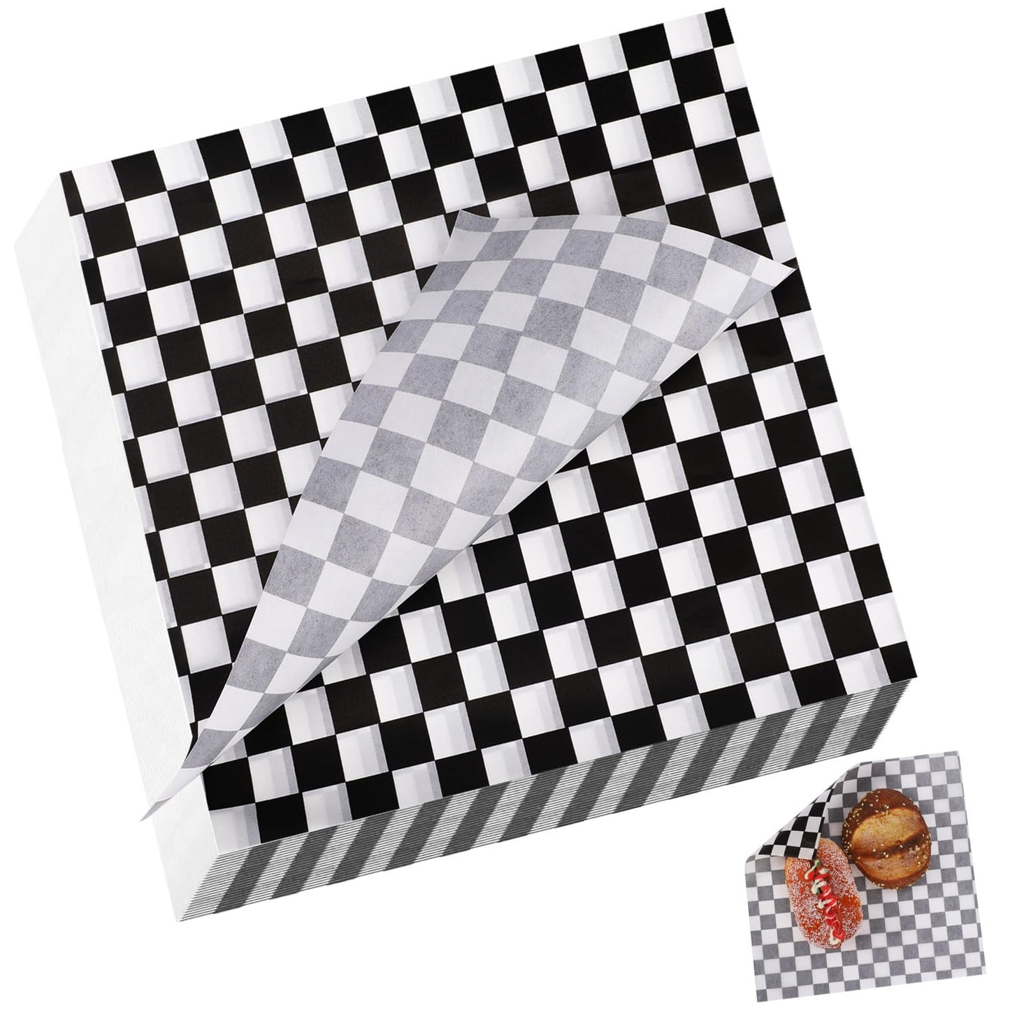 100 Pcs Black and White Checkered Wax Paper Sheets Greaseproof Paper Deli Liner Checkered Paper Liners food basket liners Sandwich Paper Wraps for BBQ, Picnic, Party (7''x7'')