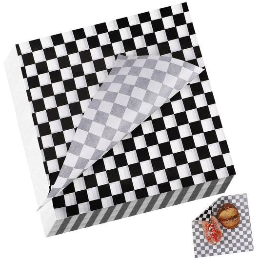 100 Pcs Black and White Checkered Wax Paper Sheets Greaseproof Paper Deli Liner Checkered Paper Liners food basket liners Sandwich Paper Wraps for BBQ, Picnic, Party (7''x7'')