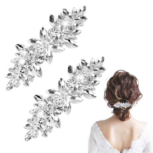 salbsever 2 Pcs Rhinestone Hair Clips Bridal Hair Clips Silver Crystal Bridal Hair Barrettes Silver Bride Wedding Hair Accessories Flower Rhinestone Hair Clips for Wedding French Hairpins for Bridesma