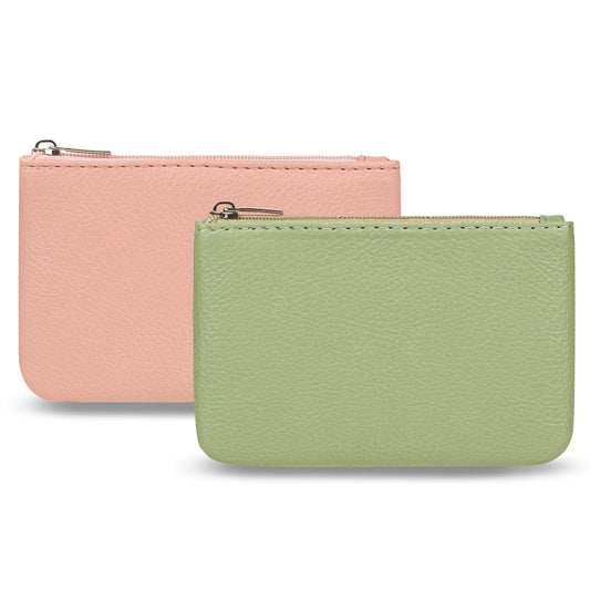 2 Pack Coin Purse, Portable PU Leather Coin Purse with Zipper Coin Purse Mini Change Purse Small Coin Purse for Women Credit Card Folded Bills ID Key Headset Lipstick(Pink&Green)