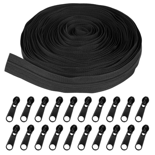 KALIONE Zipper Repair Kit,10Yards Nylon Coil Zipper Tape with 20 Pcs Zipper Sliders,Zippers Replacement for Sewing Assorted Lengths,Zipper Repair Kit for Sewing Fixing DIY Crafts Making Supplies,Black
