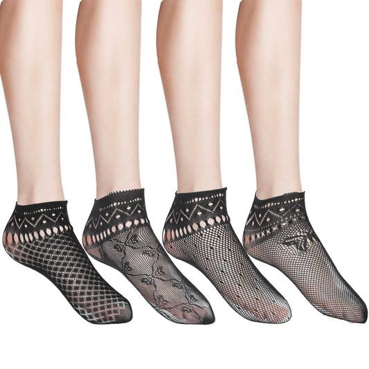 KALIONE 4 Pairs Lace Ankle Socks for Women, Women's Black Dress Socks Elastic Frilly Fishnet Socks See -Through Mesh Lace Socks Hollow out Net Sheer Socks for Women Girls