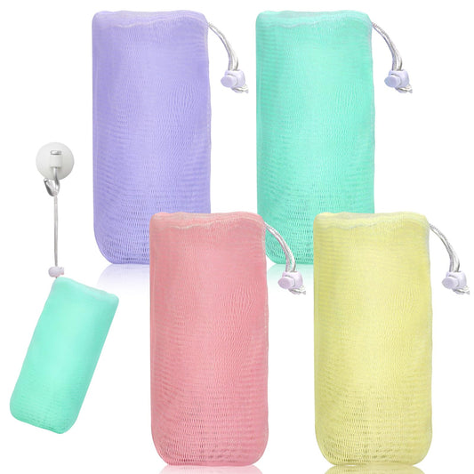 Mozeat Lens 4 PCS soap bag soft for shower mesh soap saver pouch nylon facial cleanser foaming net mesh soap pouch saver with drawstring exfoliating mesh soap bag for Shower Washing Foaming Soap