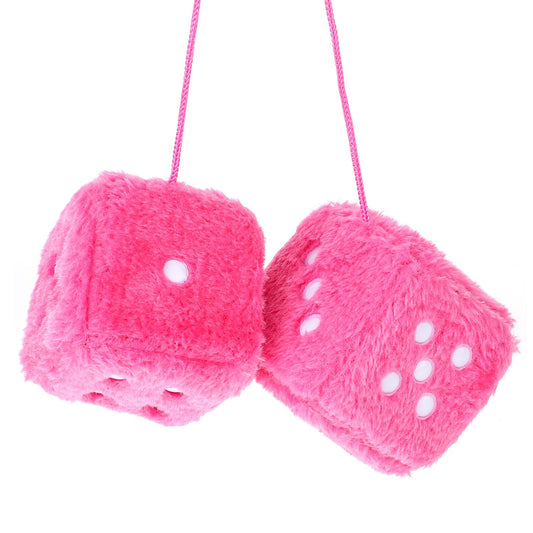 Pair 3” Fuzzy Plush Dice, Pink Retro Square Car Dice with White Dots Cute Soft Plush Rearview Mirror Decor Rear View Mirror Hanging Accessories for Car Interior Ornament Decoration