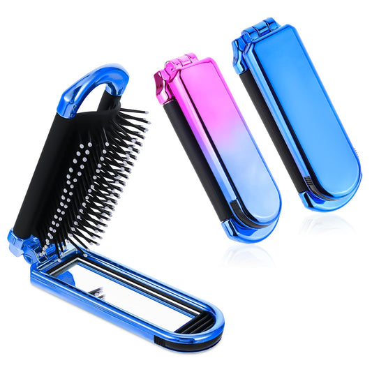 Travel Hair Brush with Mirror,2 Pack Folding Wet Hair Brush Travel Size Hair Massage Comb Compact Hair Brush Foldable Pocket Hair Brush for Women and Men, Hair Styling Tools (Pink & Blue)