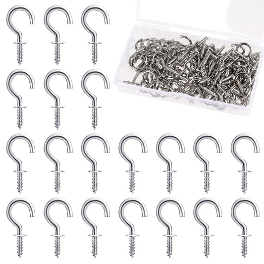 KALIONE 120 pcs Screw Hooks, Ceiling Hooks with Storage Box Metal Key Hanging Hooks Home Kitchen Ceiling Wall Hooks Screw-in Hooks for Hanging Plants Keys (Silver)