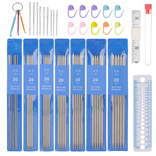 30Pcs Knitting Needles Set, Double Pointed Knitting Needles 7.8 Inch Double Ended Stainless Steel Straight Knitting Needle Metal Short Knitting Needles 2.0-5.0mm with Knitting Gauge Crochet Supplies