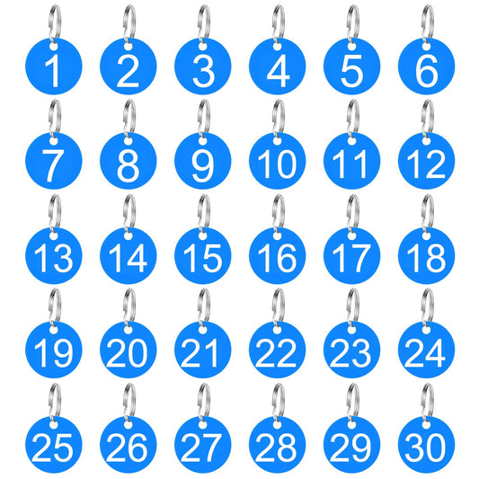 30 Pack 1-30 Plastic Numbers Tags with Key Rings, Numbered Keychain Tags for Dormitory Keys House Lockers Blue 1-3/8 Inches Rond Number Tags