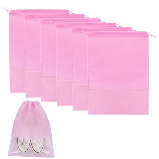 Pink Portable Travel Shoe Bag, Large Non-Woven Drawstring Shoes Storage Bag, Men and Women Shoes Pouch Organizers with Transparent Slot Clear Window Portable Waterproof Dustproof, 17.3 x 12.6inche