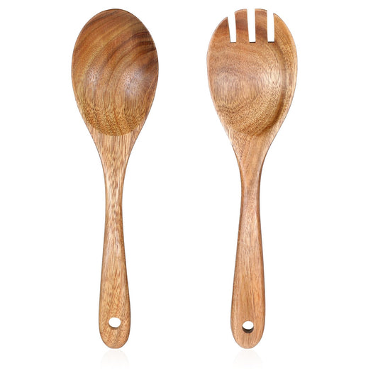 Long Handle Wooden Spoon and Fork Set, Acacia Wooden Utensil Set Salad Servers Set 10.2 Inches Wooden Salad Tongs Wood Spoons Wooden Forks and Spoons for Mixing Tossing and Cooking (1 Spoon + 1 Fork)