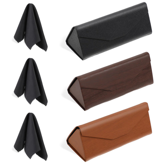 3 Pack Glasses Case Hard Shell Portable Sunglasses Case With 3 Cleaning Cloths Foldable Glasses Case PU Hard Shell Eyeglasses Case