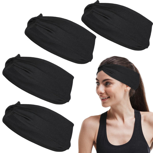 4 Pack Wide Knotted Head Wraps Wide Black Stretchy Headbands for Women, Soft Absorbed Sport Yoga Headbands, Turban Non-Slip Twisted Head Wraps Headbands