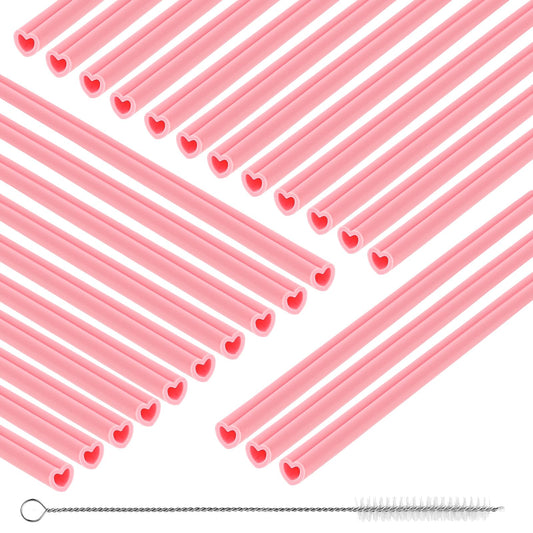 25 Pack Reusable Silicone Drinking Straws Pink Heart Shaped Straws Cute Soft Flexible Bendy Washable Straws with 2 Pcs Cleaning Brushes for Hot Cold Drinks