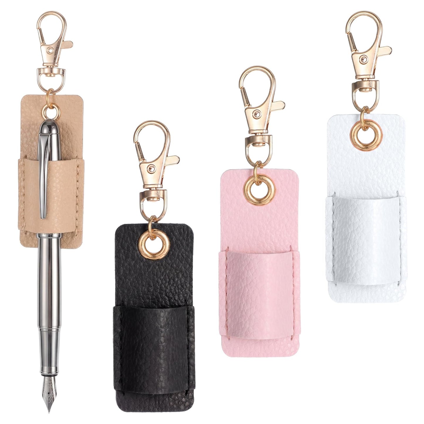 Pen Holder for Lanyard, 4 Pcs Anti-Lost PU Leather Badge Pen Holder Portable Single Pens Lanyard Badge for Clipboard Nurses Courier Clerk Office School (Beige, Black, White, Nude Pink)