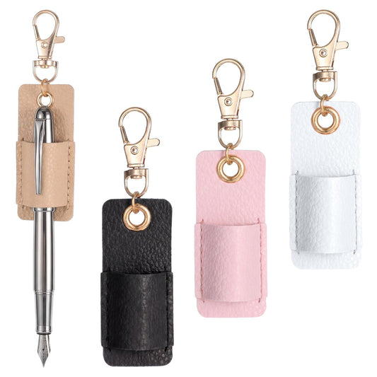 Pen Holder for Lanyard, 4 Pcs Anti-Lost PU Leather Badge Pen Holder Portable Single Pens Lanyard Badge for Clipboard Nurses Courier Clerk Office School (Beige, Black, White, Nude Pink)