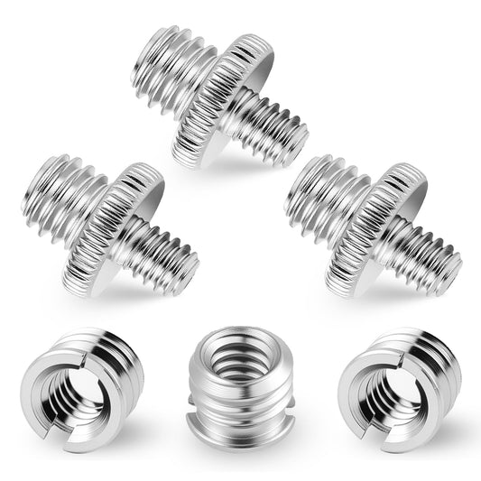 3/8" to 1/4" Tripod Adapter and 3/8" to 1/4" Mount Screws, 6 PCS Standard Camera Mount Adapter, Double Head Converter Precision Made Tripod Screw Adapters for Camera, Light Stand Accessory, Silver