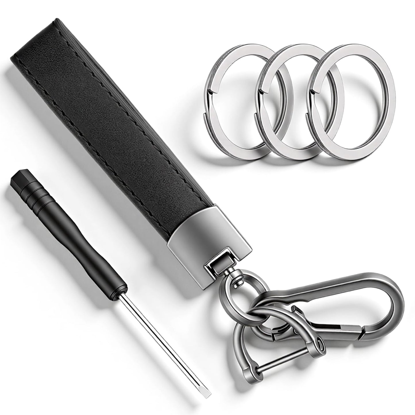 Zyghjort Leather Car Keychain, Leather Wristlet Keychain Black Car Key Chain with 3 Key Ring and Anti-Lost D Ring Metal Keys Rings for Men and Women