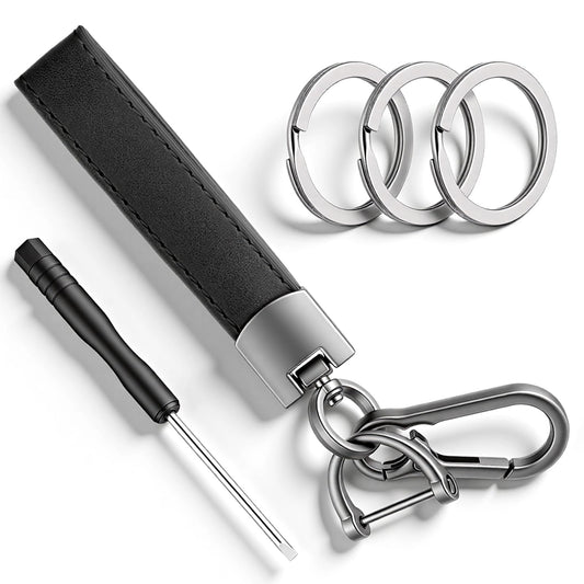 Zyghjort Leather Car Keychain, Leather Wristlet Keychain Black Car Key Chain with 3 Key Ring and Anti-Lost D Ring Metal Keys Rings for Men and Women