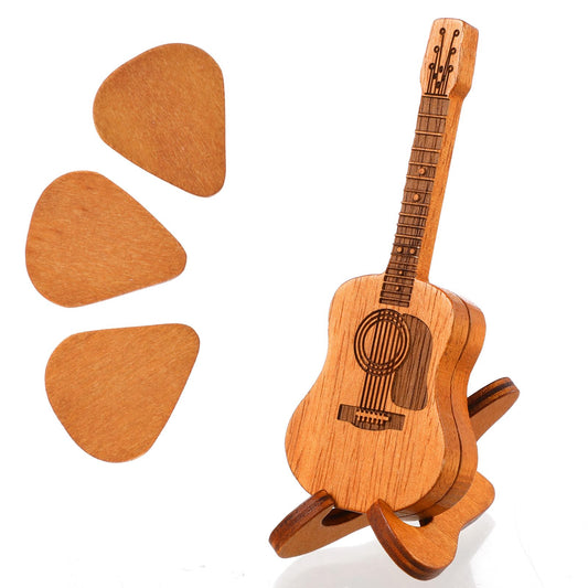 Guitar Pick Box Acoustic Guitar Pick Case with 3 Guitar Picks Wooden Guitar Pick Holder with Stand Guitar Pick Storage Container Guitar Pick Rack Plectrum Case for Guitar Ukulele Bass Players