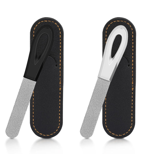 Mozeat Lens Metal Nail File, 2 Pcs Stainless Steel Nail Files with Leather Case, Double-Sided Nail Files for Natural Nails, Manicure Pedicure Tools
