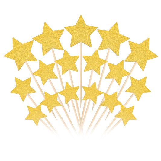 30 Pcs Star Cupcake Toppers Little Twinkle Glitter Gold Stars Cake Topper Mixed Size Birthday Party Cake Decorations Supplies for Wedding Engagement Birthday Party Snack Decoration